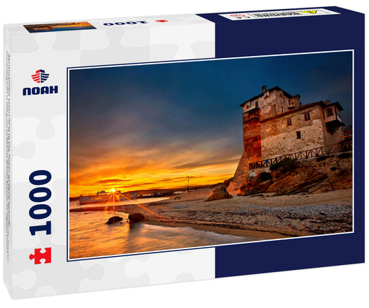 Sunset photo taken next to the Tower of Ouranoupolis ("Prosphorios Tower"), Halkidiki ("Chalkidiki"), Macedonia, Greece. Ouranoupolis is the gate to Mount Athos, known as "Agion Oros"