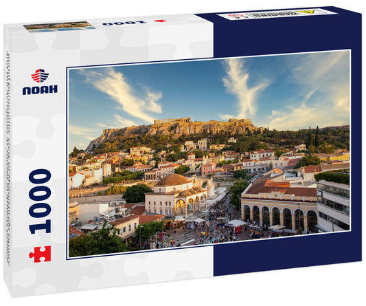 aerial panoramic view of Monastiraki square and the Acropolis at sunset in Athens Greece