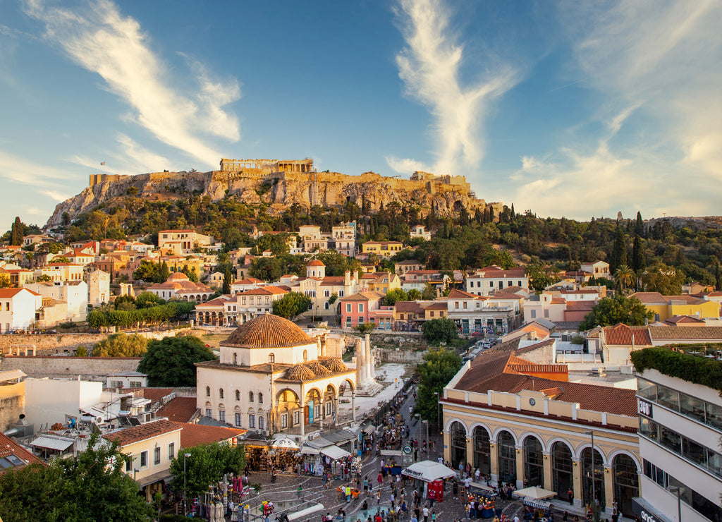 aerial panoramic view of Monastiraki square and the Acropolis at sunset in Athens Greece
