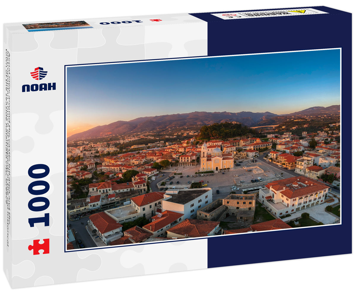 Aerial view around the castle hill area and the Metropolitan church of Ypapanti in the old historical town of the seaside Kalamata city, Greece