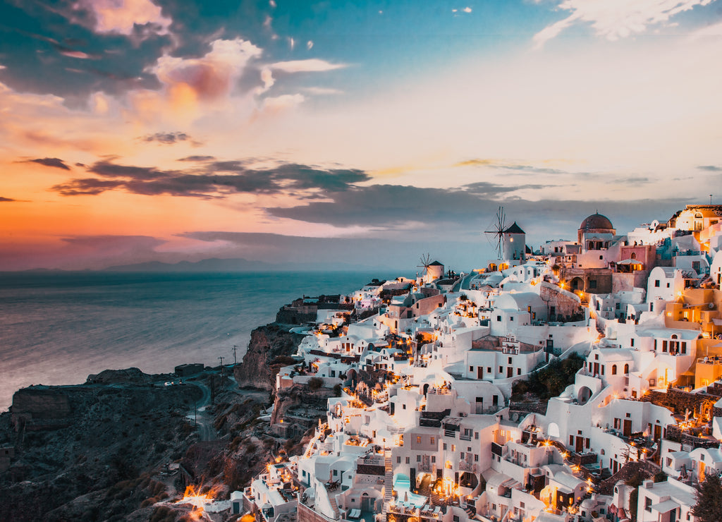 Panorama of amazing sunset over Oia, Santorini