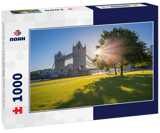 Sunrise at Tower Bridge with tree and green grass, London, UK