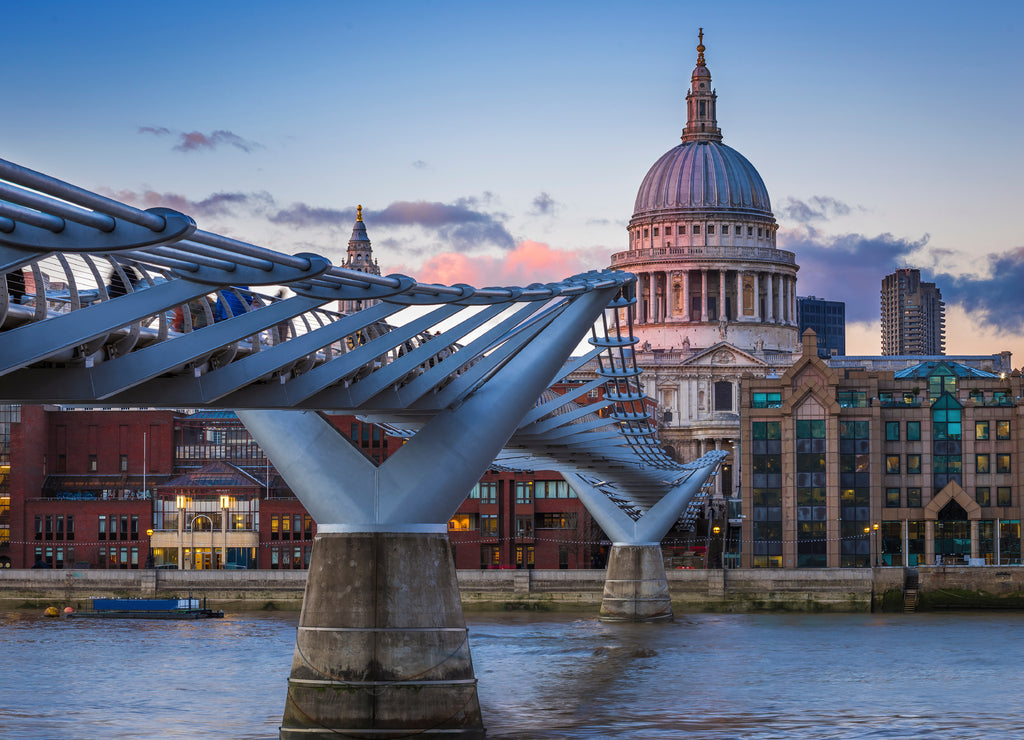 St.Paul's Cathedral with Millennium Bridge at sunset - London, UK