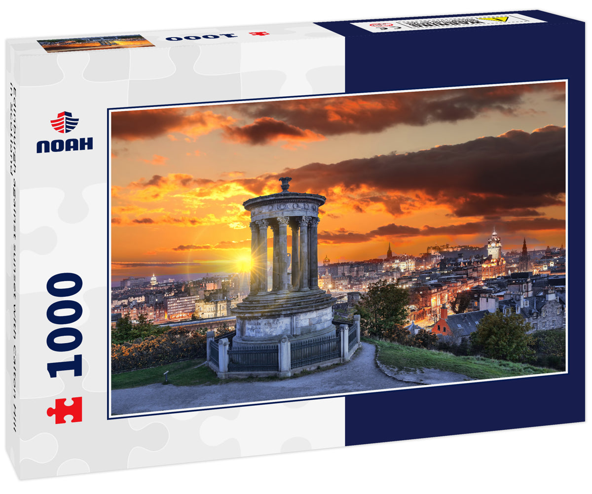 Edinburgh against sunset with Calton Hill in Scotland
