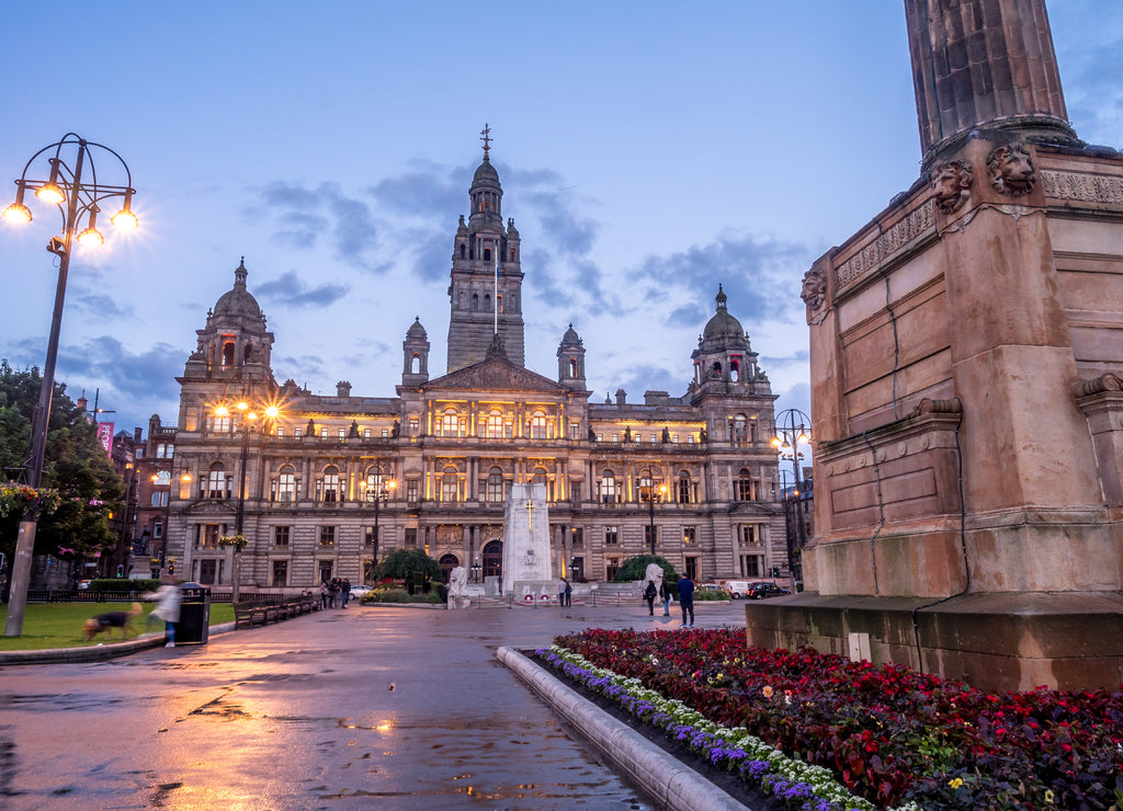City Chambers in George Square in Glasgow Scotland at night