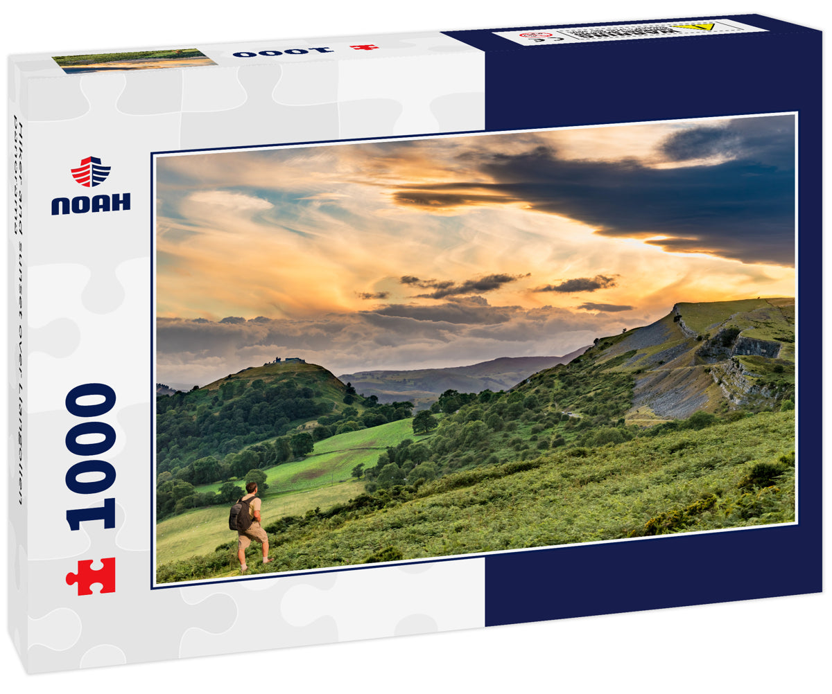 Hiker and sunset over Llangollen panorama