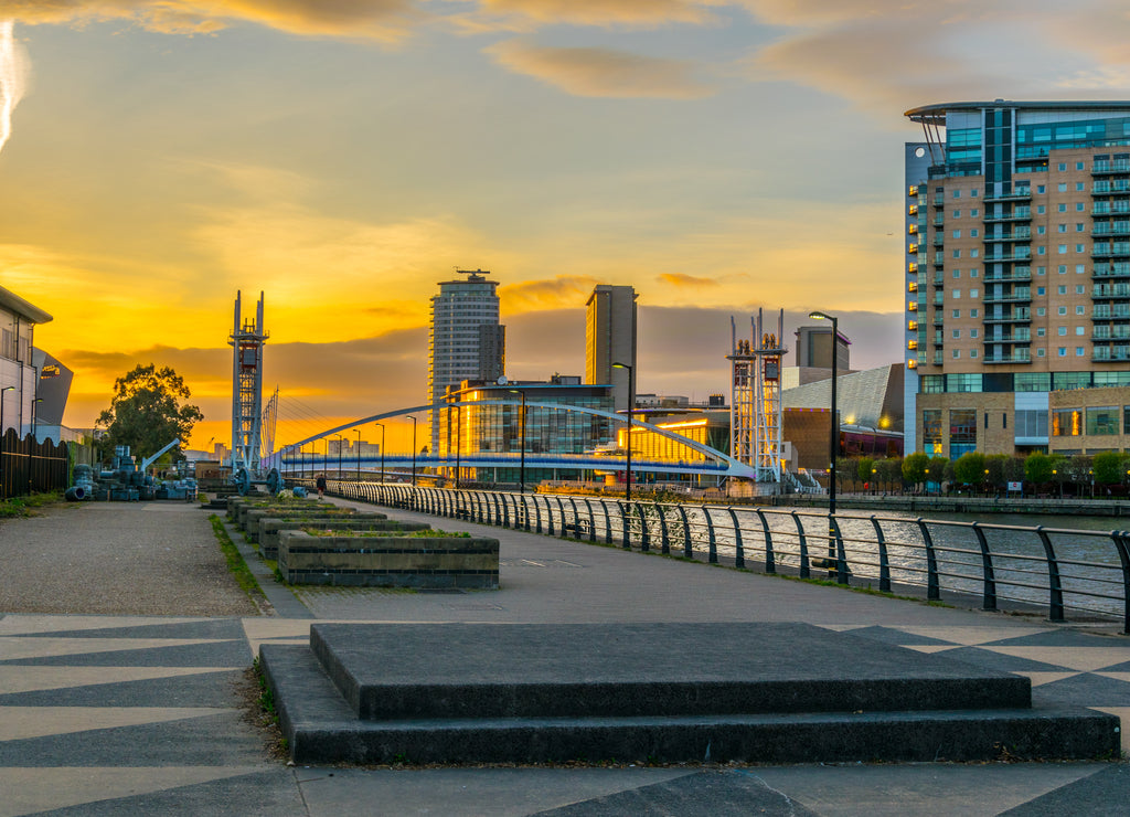 View of a promenade next to Irwell river in Salford, England