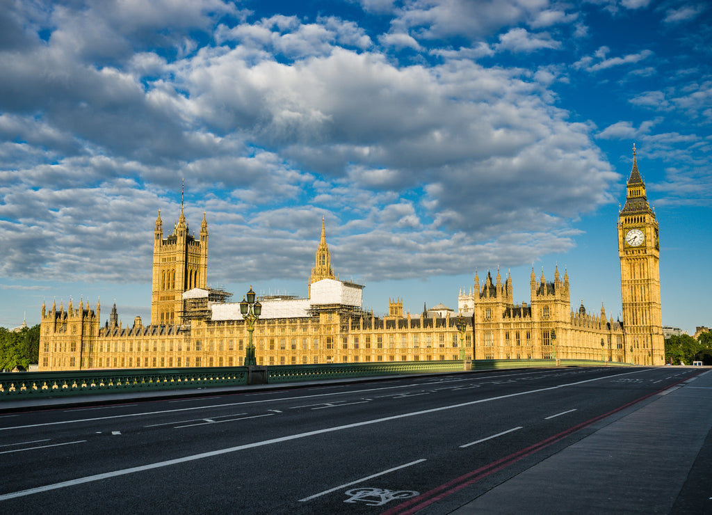 British parliament and Big Ben viewed across Westminster bridge in the morning