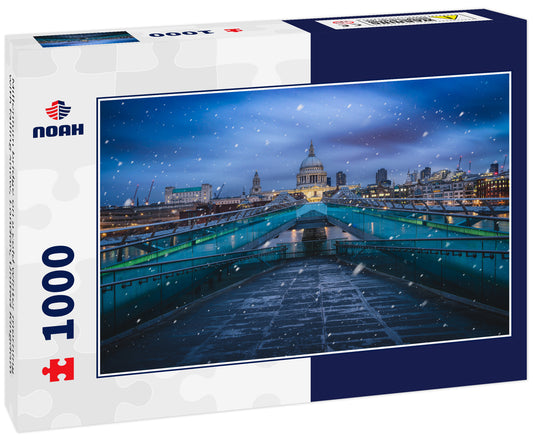 Millenium bridge on a cold winter morning with falling snow, London, United Kingdom