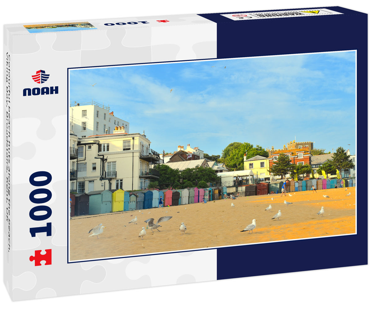 Colourful beach huts along the beach, Viking Bay, Broadstairs, Kent, UK