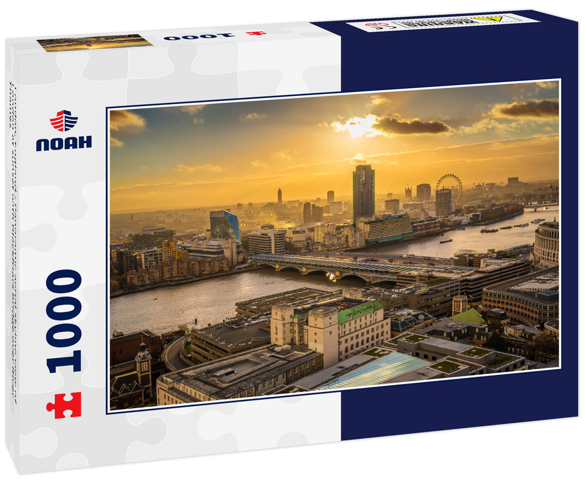 London, England - Panoramic aerial skyline view of London at sunset with Blackfriars bridge over River Thames