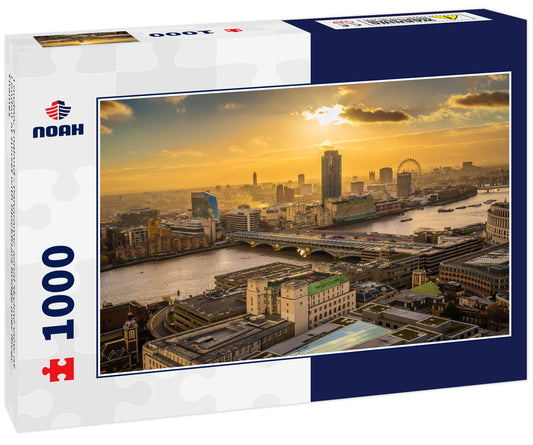 London, England - Panoramic aerial skyline view of London at sunset with Blackfriars bridge over River Thames