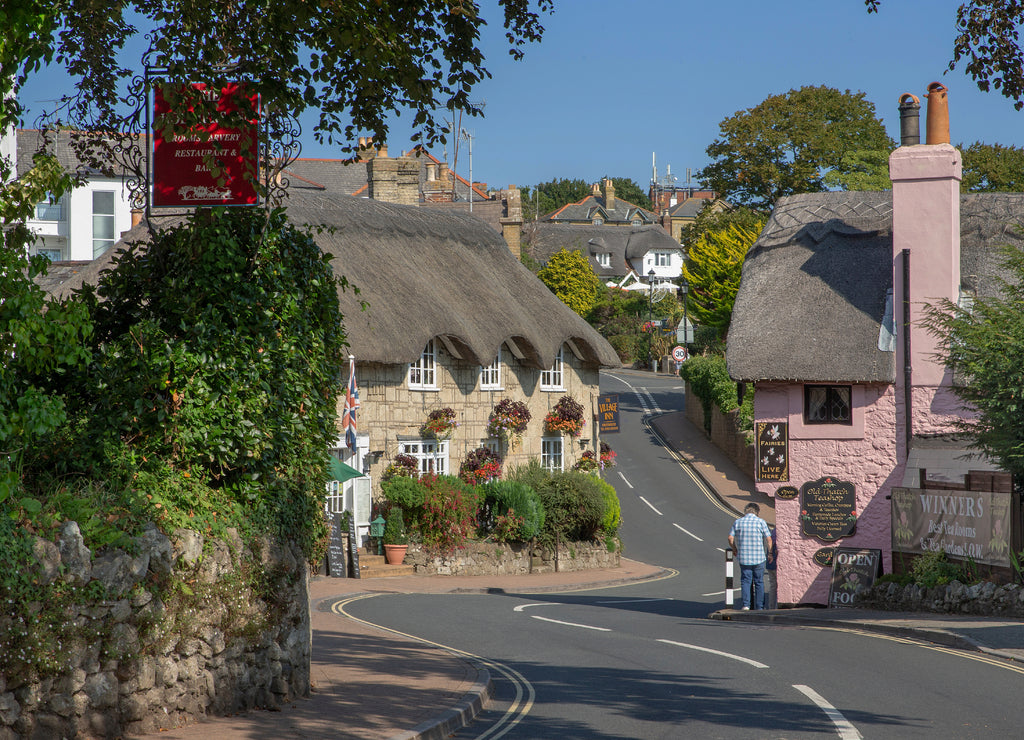 Isle of Wight Starcross England. United Kingdom. Shanklin. Reed roofs. Sandown Bay