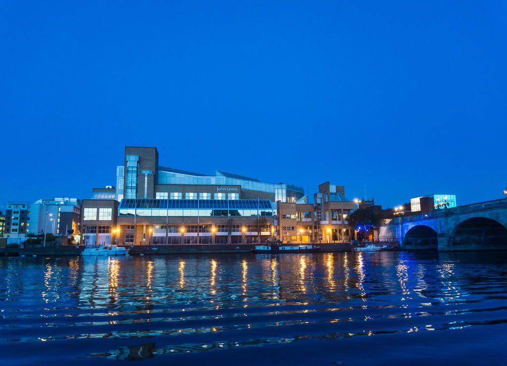 John Lewis building and the river Thames at dusk, Kingston, Surrey, England, UK