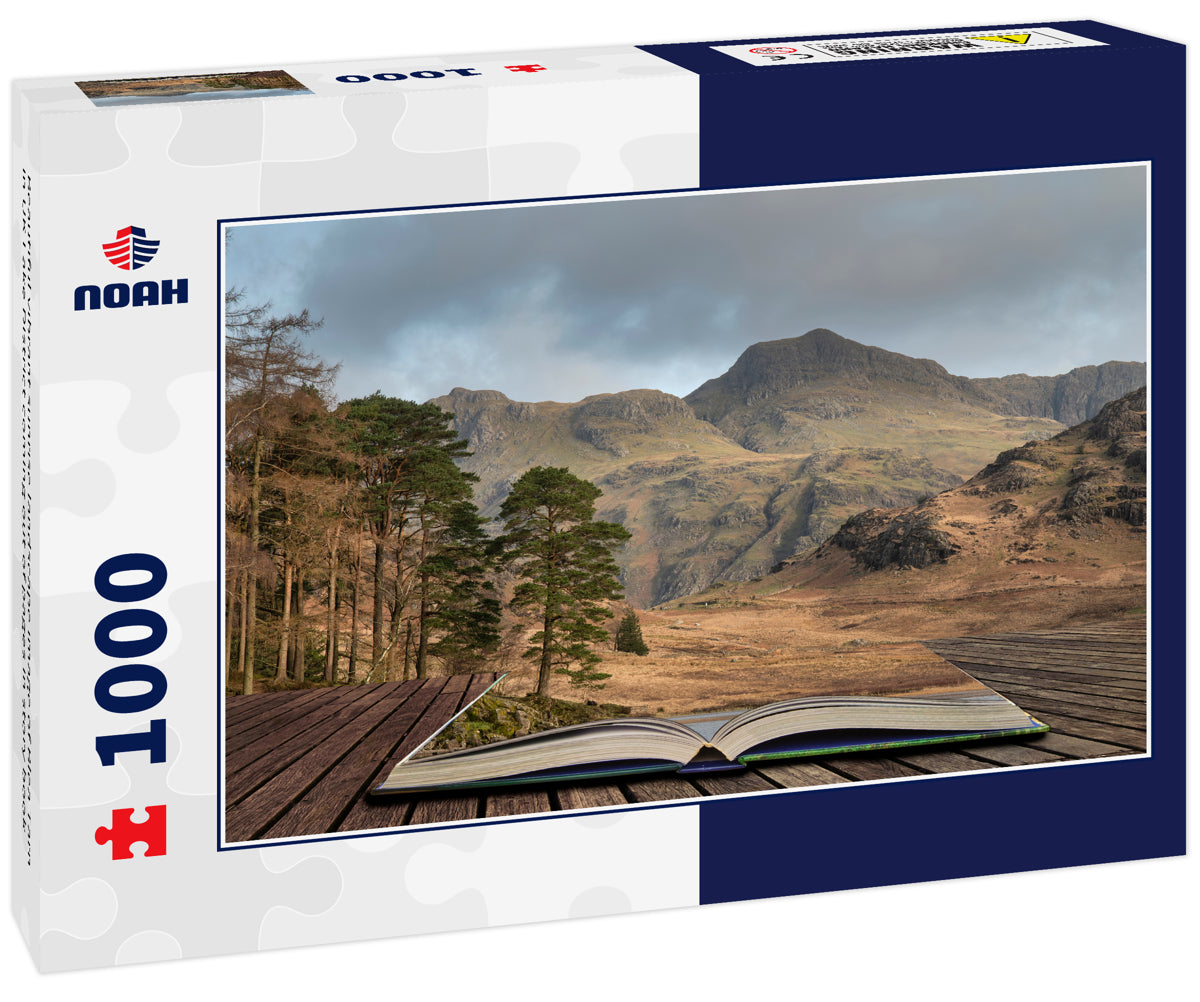 Beautiful vibrant sunrise landscape image of Blea Tarn in UK Lake District coming out of pages in story book