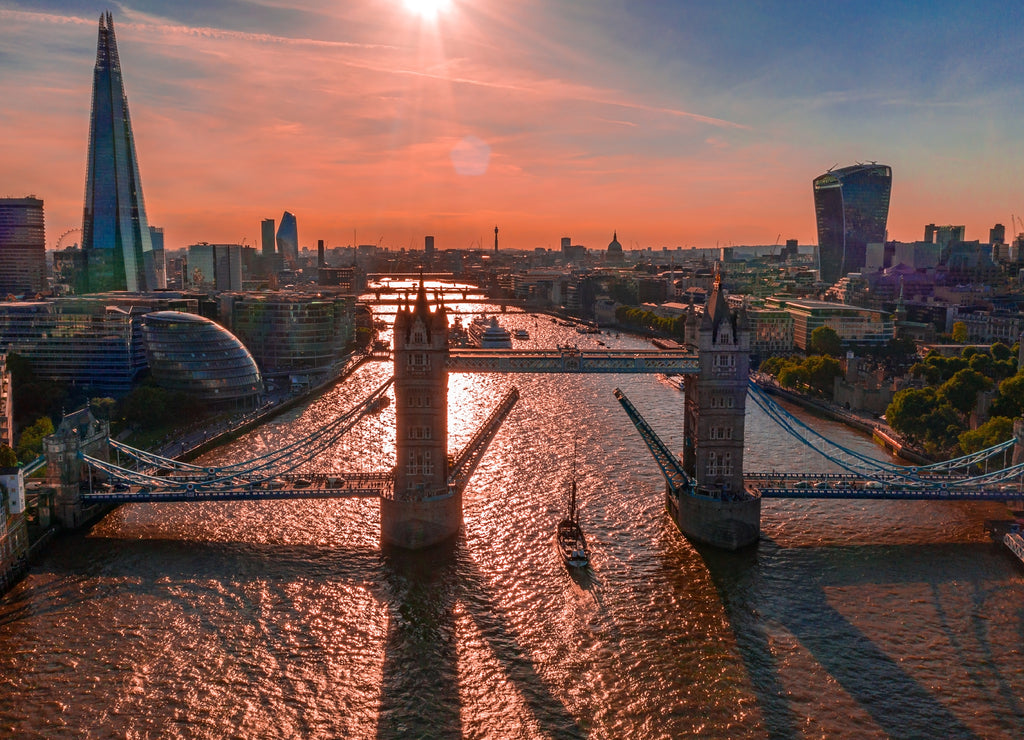London with the River Thames floating through the city near the Tower Bridge, London City and Westminster Abbey