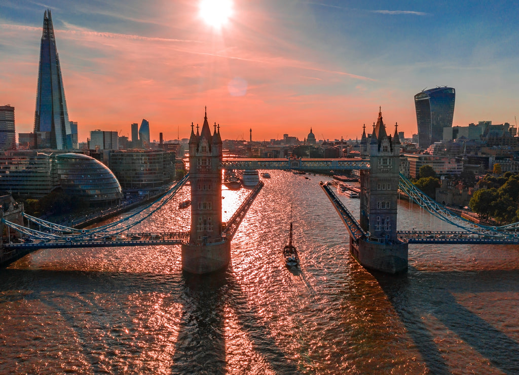 A view of Tower Bridge from above of the river Thames in London, United Kingdom
