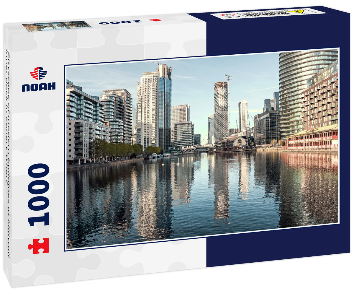 Cityscape of modern buildings at Millwall inner dock in Canary Wharf