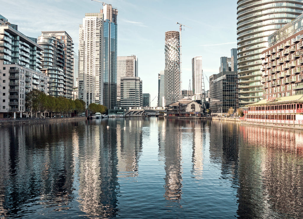 Cityscape of modern buildings at Millwall inner dock in Canary Wharf
