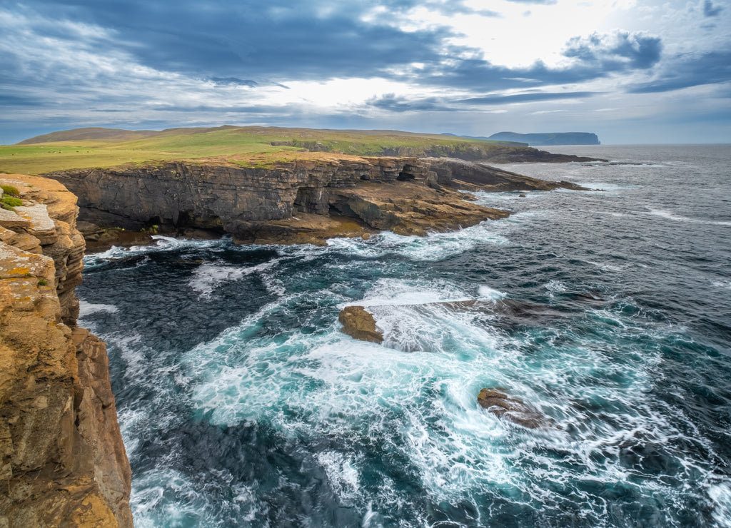 Stunning Yesnaby cliffs and the Yesnaby Castle Sea Stack on the west coast of Mainland Orkney island, Scotland