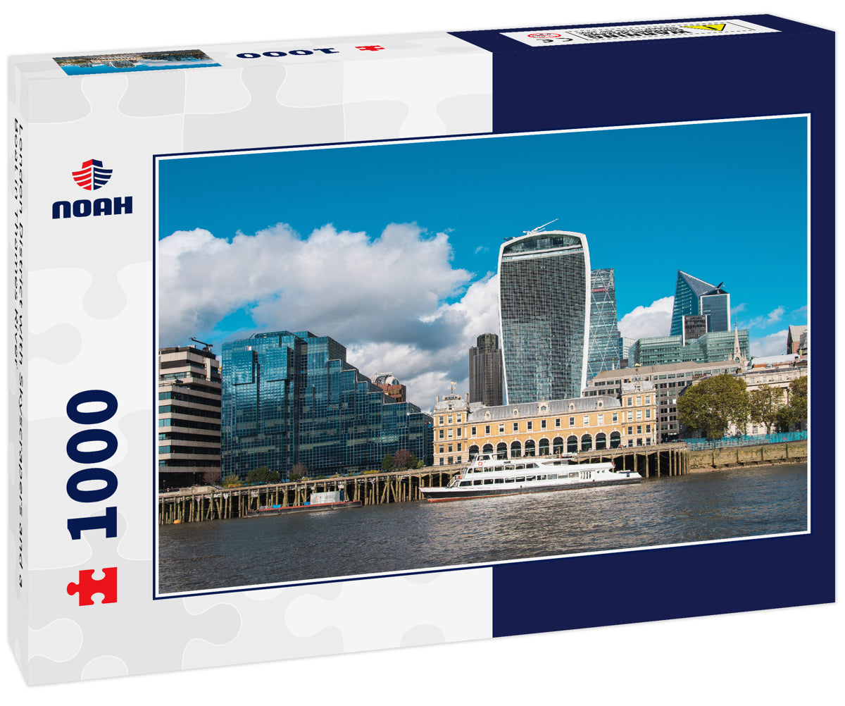 London District with Skyscrapers and a Boat in Thames River