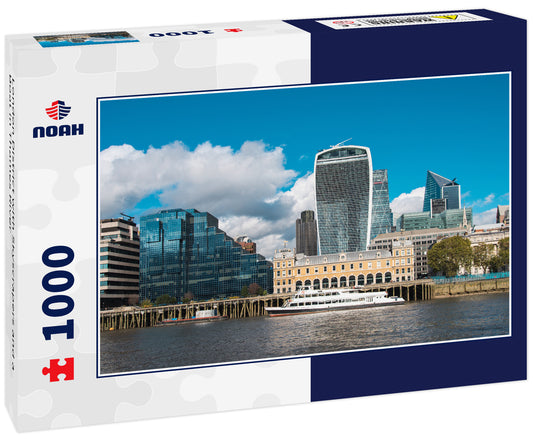 London District with Skyscrapers and a Boat in Thames River