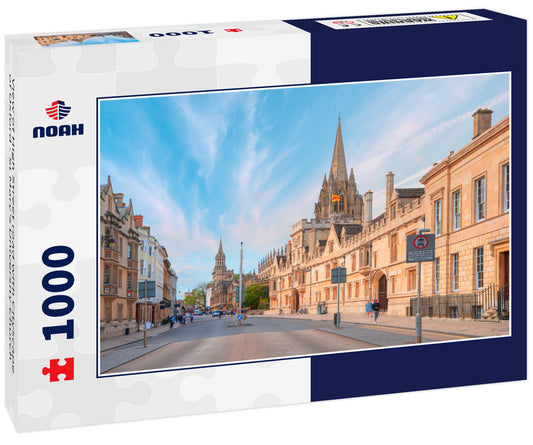 View of High Street road with Cityscape of Oxford - St Mary's University Church