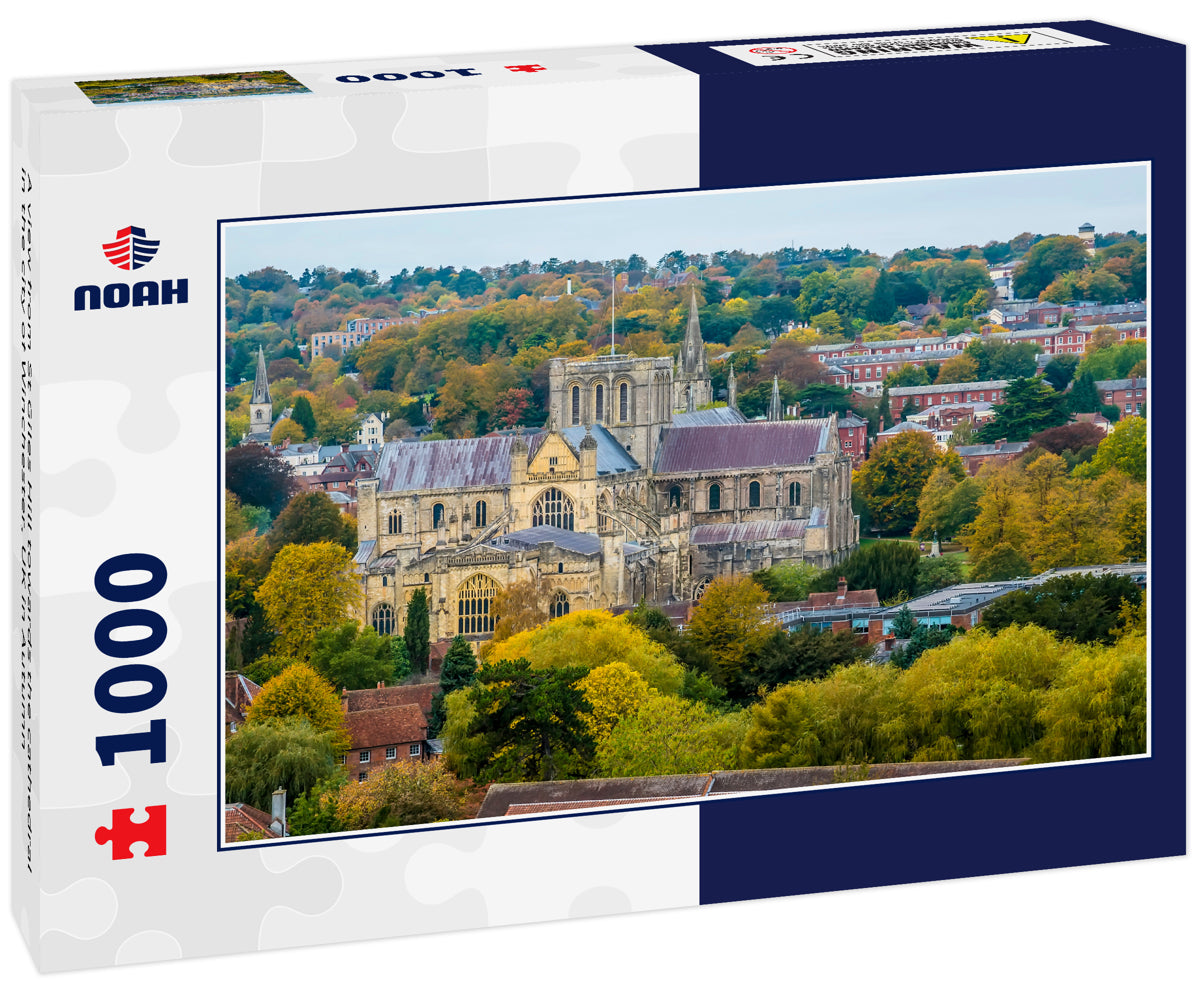 A view from St Giles Hill towards the cathedral in the city of Winchester, UK in Autumn