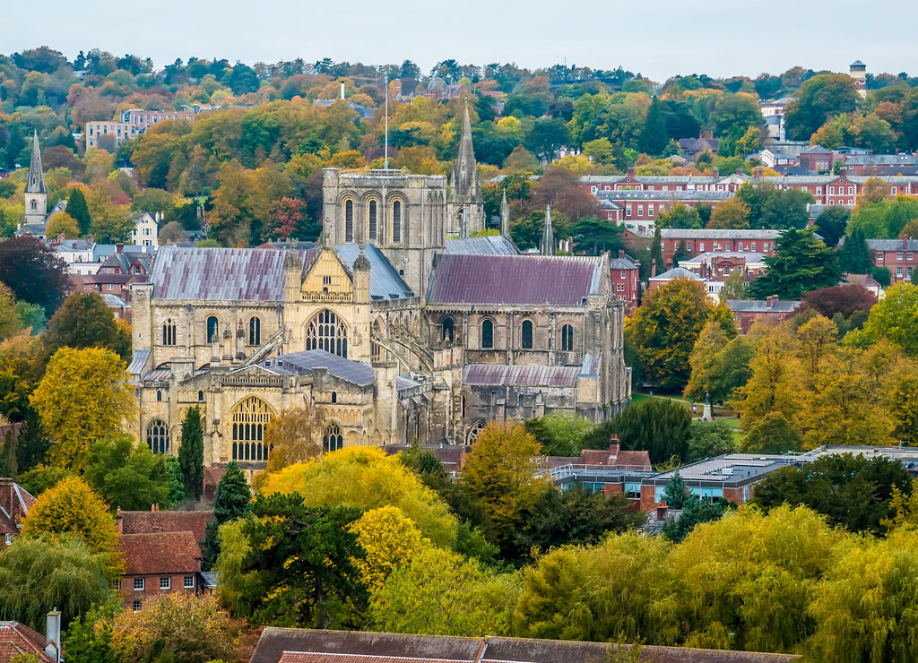 A view from St Giles Hill towards the cathedral in the city of Winchester, UK in Autumn