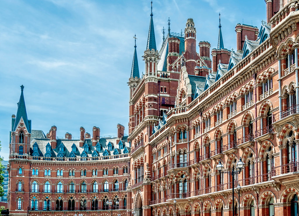 Façade of the St Pancras International station, a central London railway terminus on Euston Road, borough of Camden, London, United Kingdom