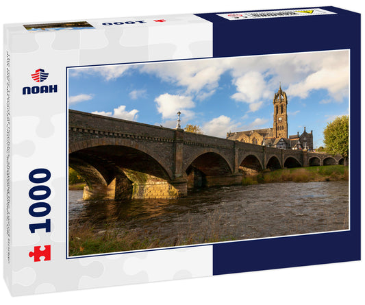 The river Tweed at Peebles, showing the Tweed Bridge and the Old Parish Church, Scottish Borders, UK