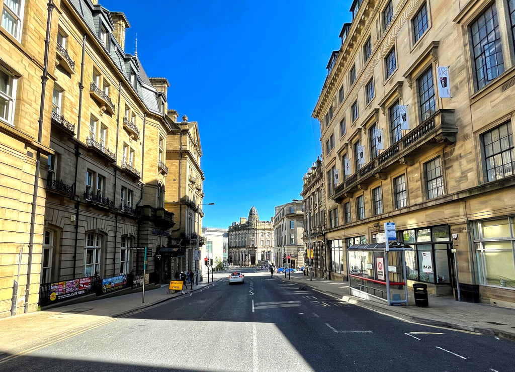 View down, Cheapside, with Victorian buildings, in the post industrial city of, Bradford, Yorkshire, UK