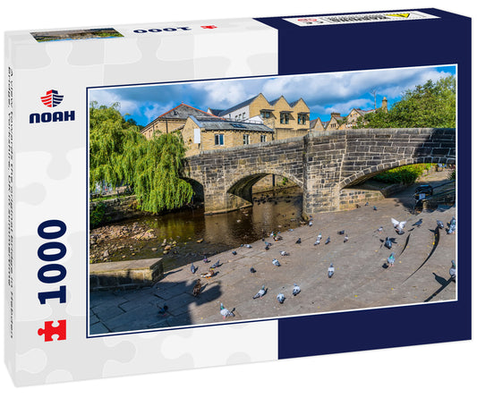 A view towards the original bridge in Hebden Bridge, Yorkshire, UK in summertime