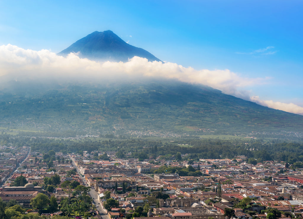 Panoramic view from Cerro de la Cruz on the city of Antigua, Guatemala and Volcano De Agua in the background