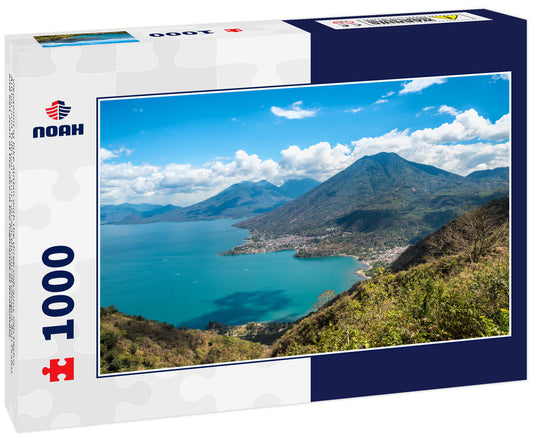 Viewpoint at lake Atitlan with the three volcanos San Pedro, Atitlan and Toliman - you can see the small villages San Pedro and San Juan at the lake in the highlands of Guatemala