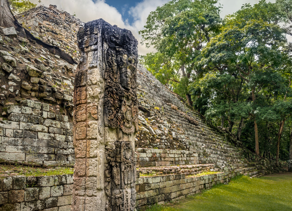 Pyramid stairs and Carved Stella in Mayan Ruins - Copan Archaeological Site, Honduras