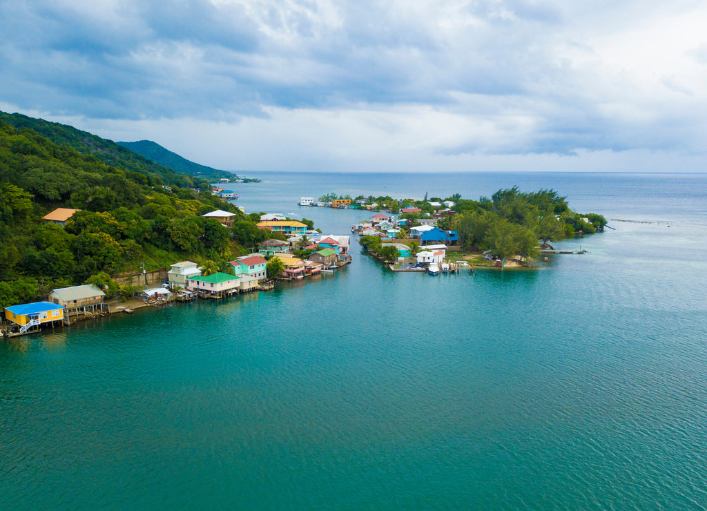 Aerial view of Oak, Ridge, the Venice of the Caribbean, in Roatan, Honduras