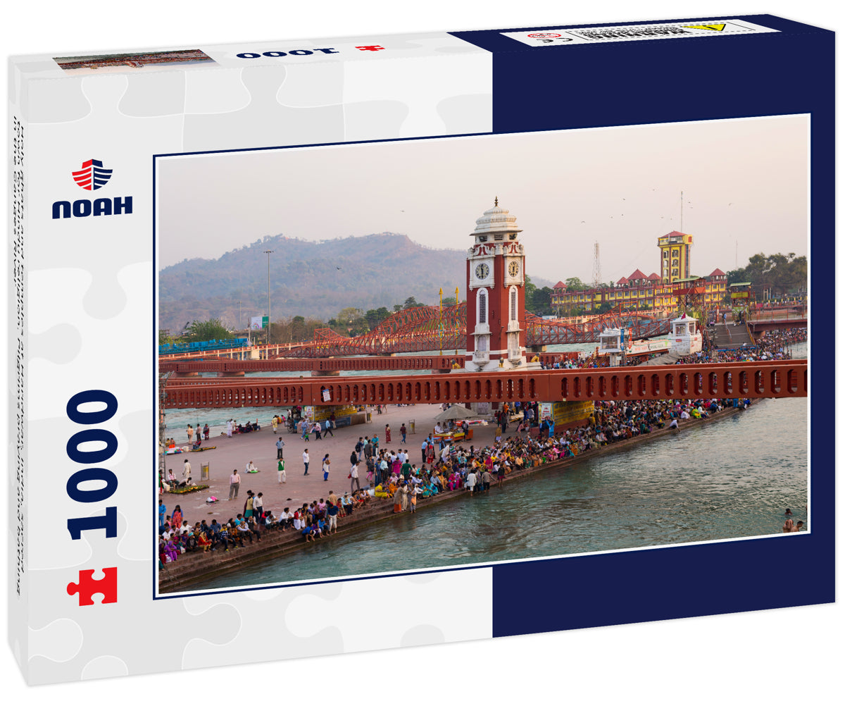 Holy ghats and temples at Haridwar, India, sacred town for Hindu religion. Pilgrims praying and bathing in the Ganges River