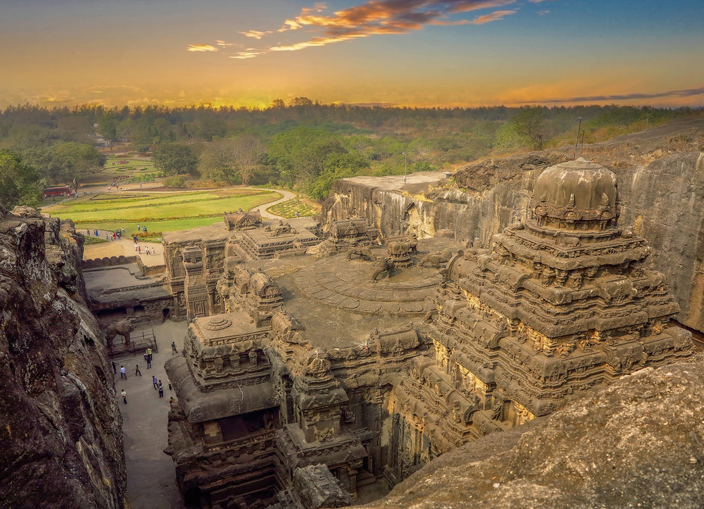 Kailas temple in Ellora caves complex carved into the rock. in India at sunset