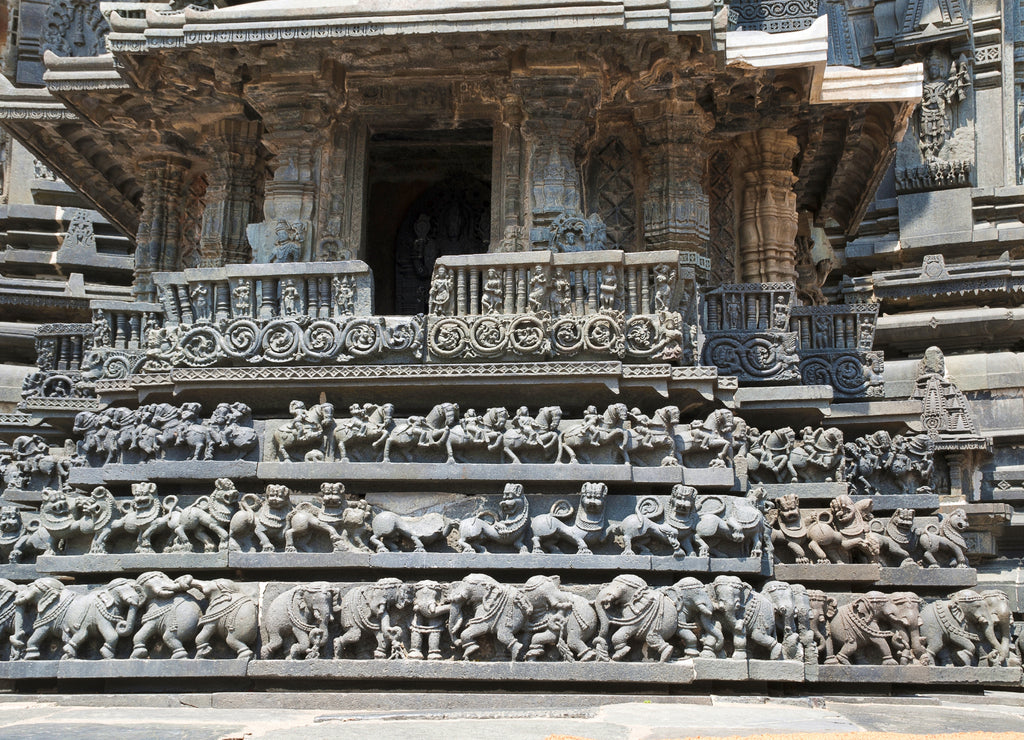 Facade and decorative friezes with animal figures, Chennakeshava temple. Belur, Karnataka. South East view