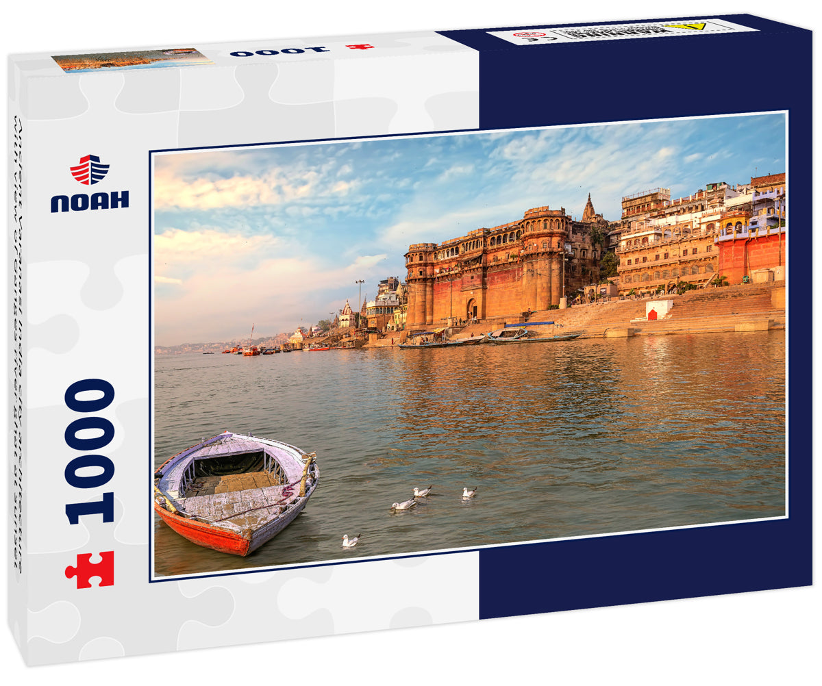 Ancient Varanasi India city architecture with view of Ganges river ghat at sunset