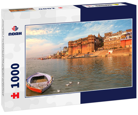 Ancient Varanasi India city architecture with view of Ganges river ghat at sunset