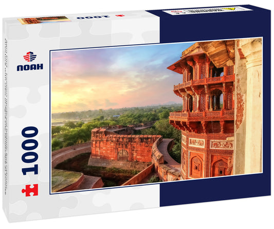 Agra Fort - Famous medieval historic fort exterior structure with view of Agra city landscape at sunrise