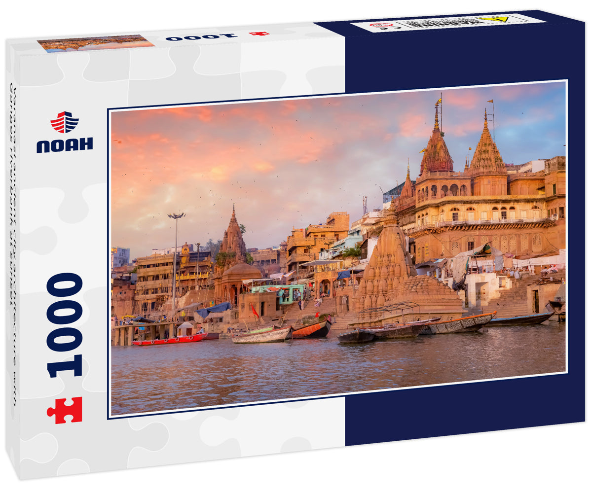 Varanasi ancient city architecture with Ganges riverbank at sunset