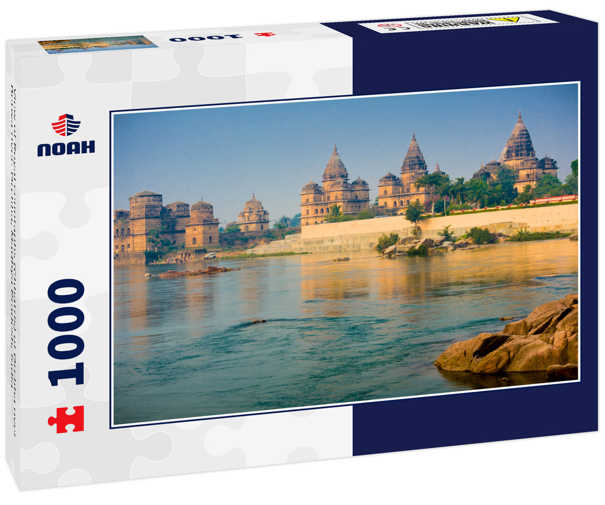 View of Royal cenotaphs (Chhatris) of Orchha over Betwa river. Orchha, Madhya Pradesh, India