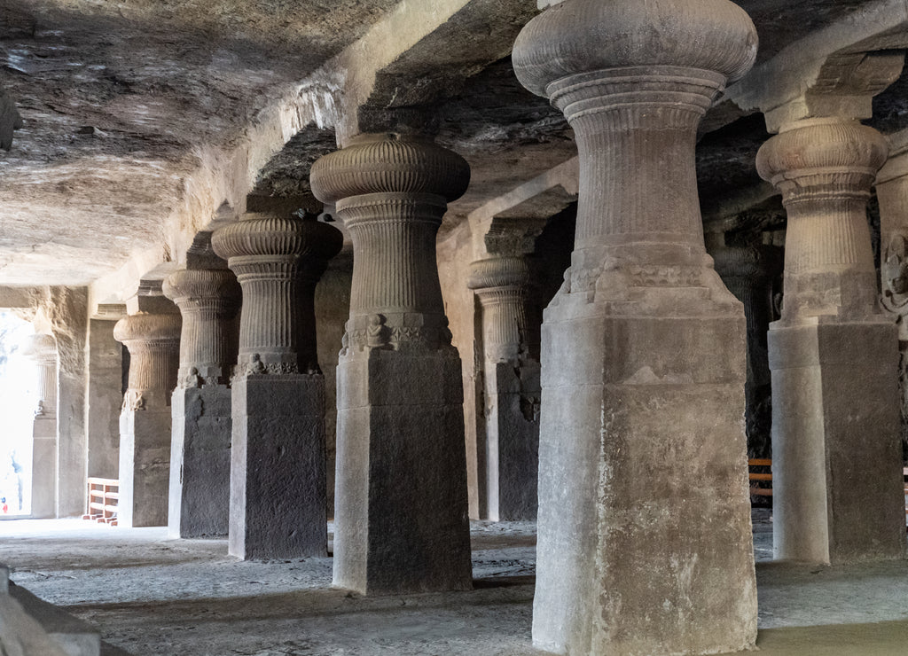 Pillars at the Elephanta Caves ruins in Mumbai (Bombay) India at Gharapuri island