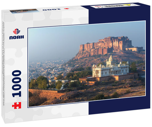 India, Jodhpur, city scape at sunset of Blue city and Mehrangarh Fort a UNESCO World Heritage Site with Jaswant Thada in the foreground