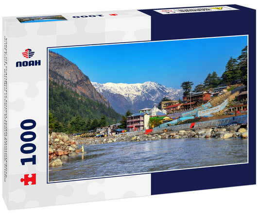 View of Gangotri town with mountains and holy ganga river. Uttarakhand, India