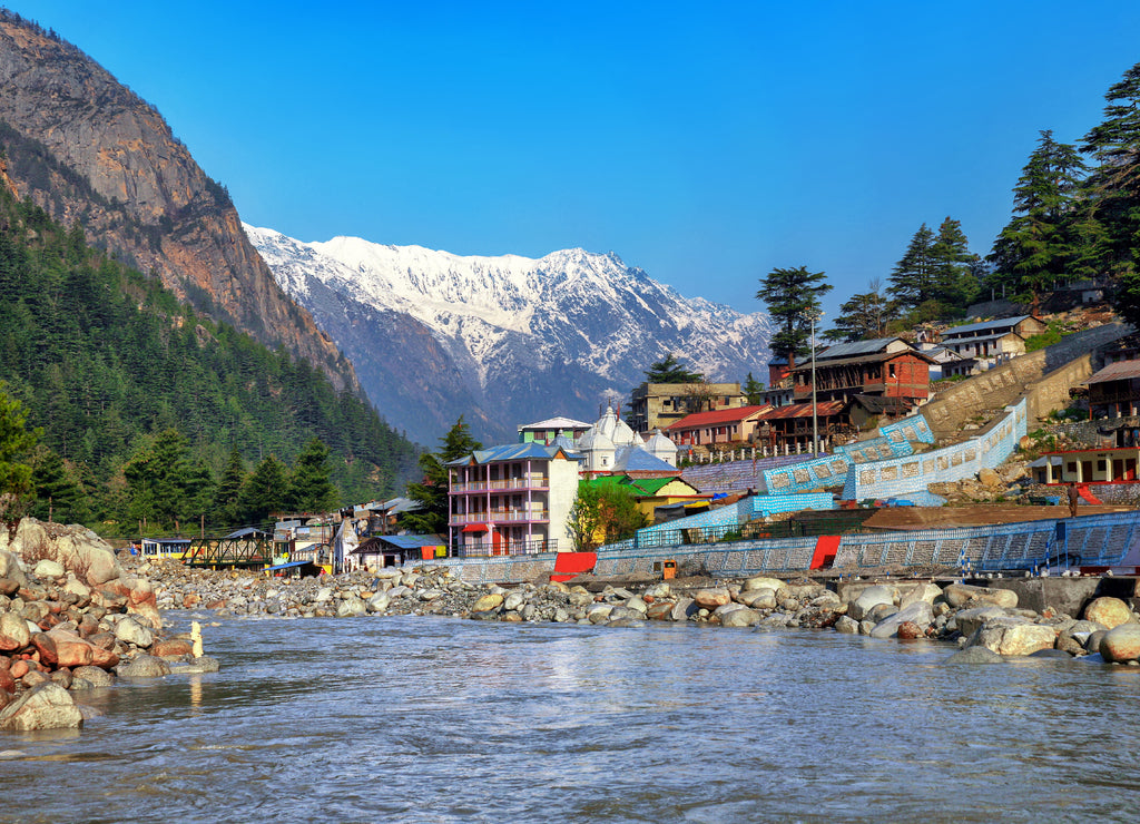 View of Gangotri town with mountains and holy ganga river. Uttarakhand, India