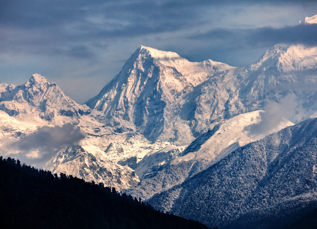Kangchenjunga close up view from Pelling in Sikkim, India. Kangchenjunga is the third highest mountain in the world